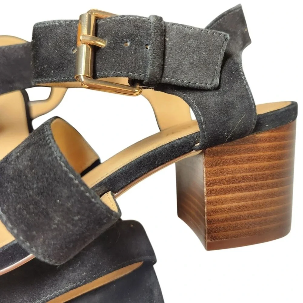 J Crew Three Strap‎ Suede Sandal Block Heel Black Ankle Strap Gold Buckle Prep 9